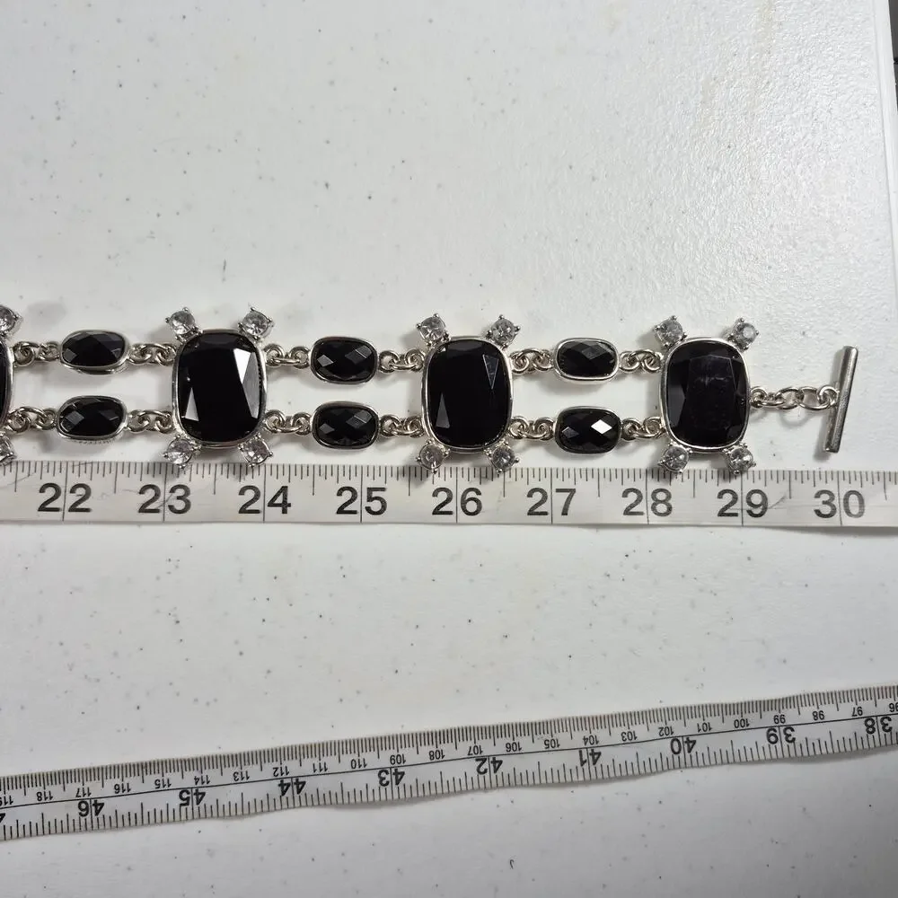 Black Faceted Gemstones Rhinestones Silver Tone Bling Metal Waist Belt 30